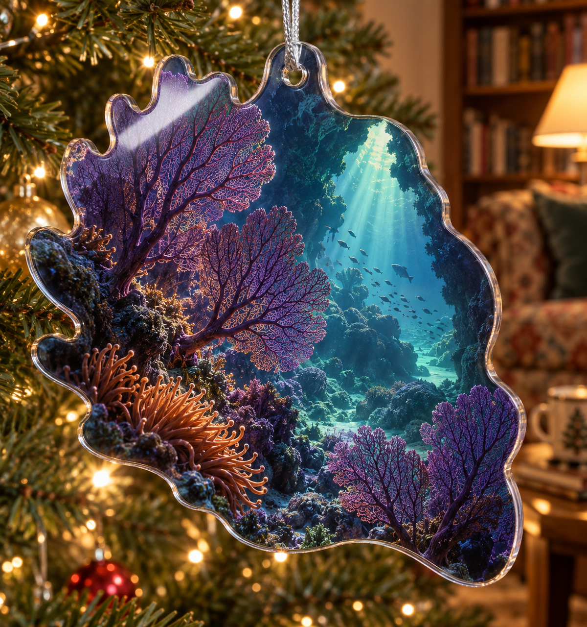 One christmas ornament with original Coral Reef Dusk Alcove optical-depth print.