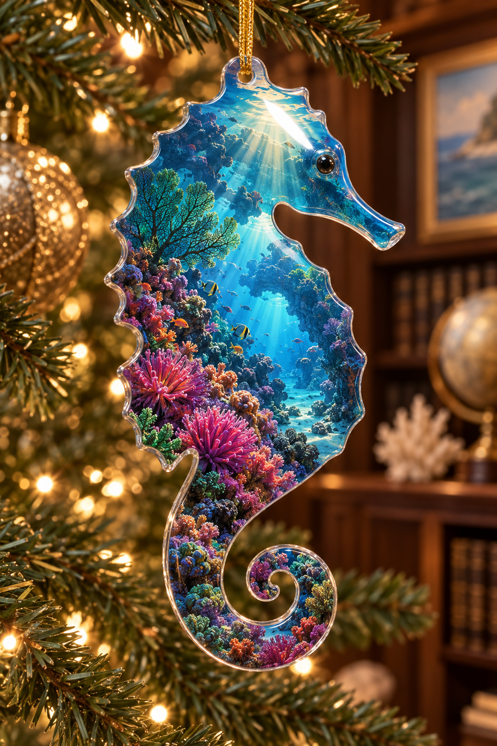 One christmas ornament with original Coral Reef Opal Treasury optical-depth print.