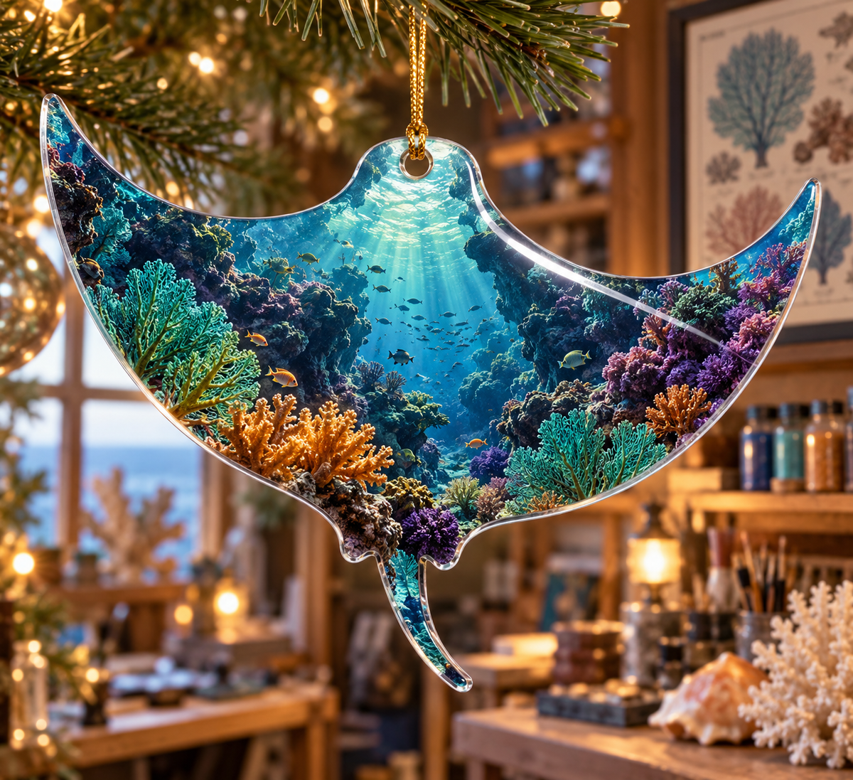 One christmas ornament with original Coral Reef Atelier Current optical-depth print.