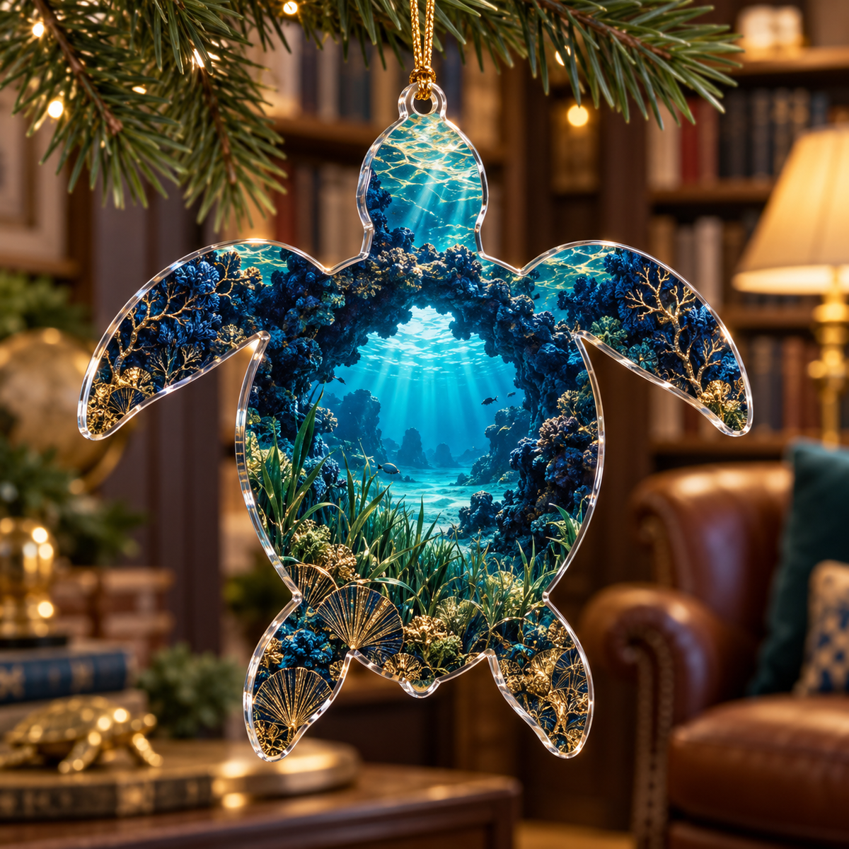 One christmas ornament with original Sea Turtle Lagoon Reading Nook optical-depth print.