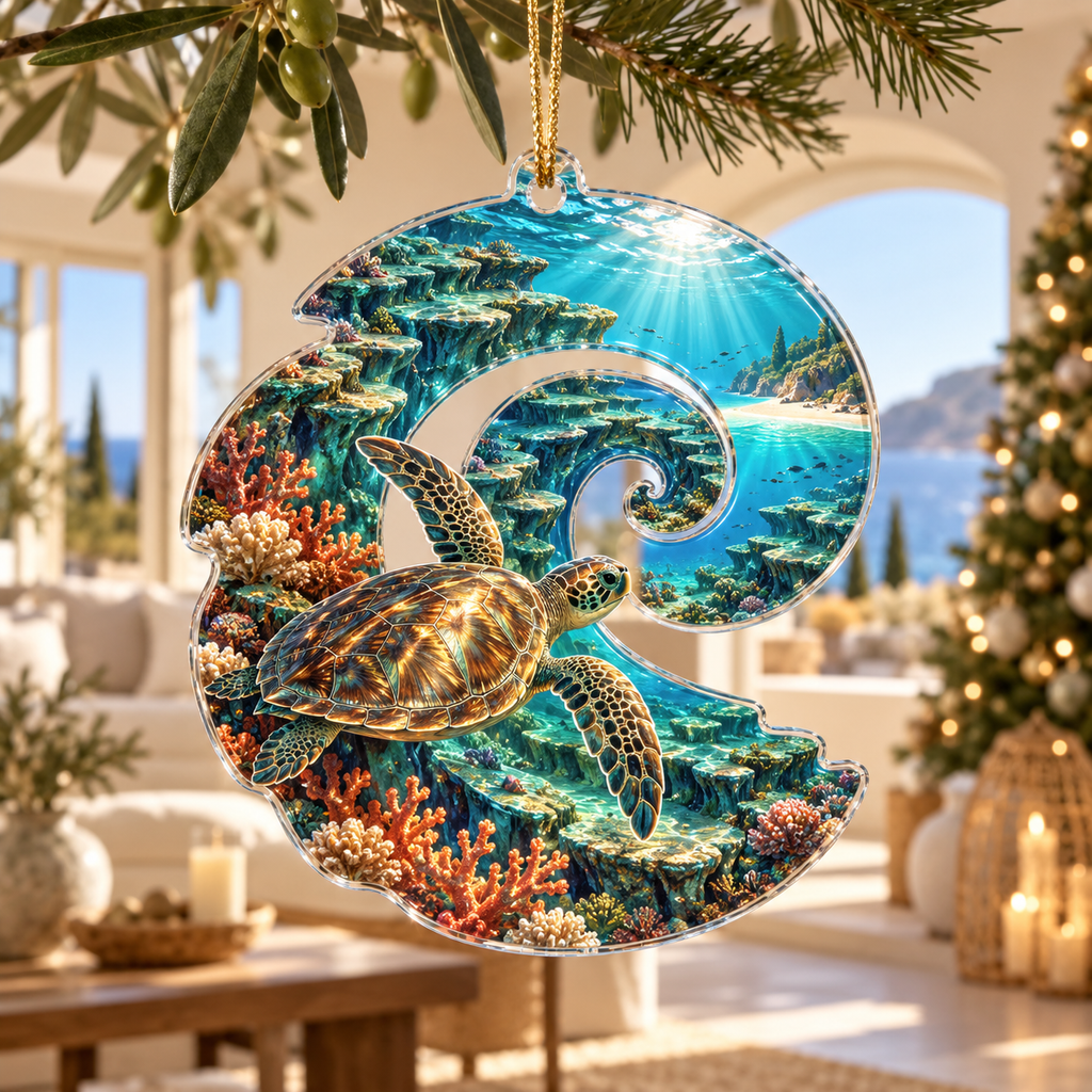 One christmas ornament with original Sea Turtle Sunlit Terraces optical-depth print.