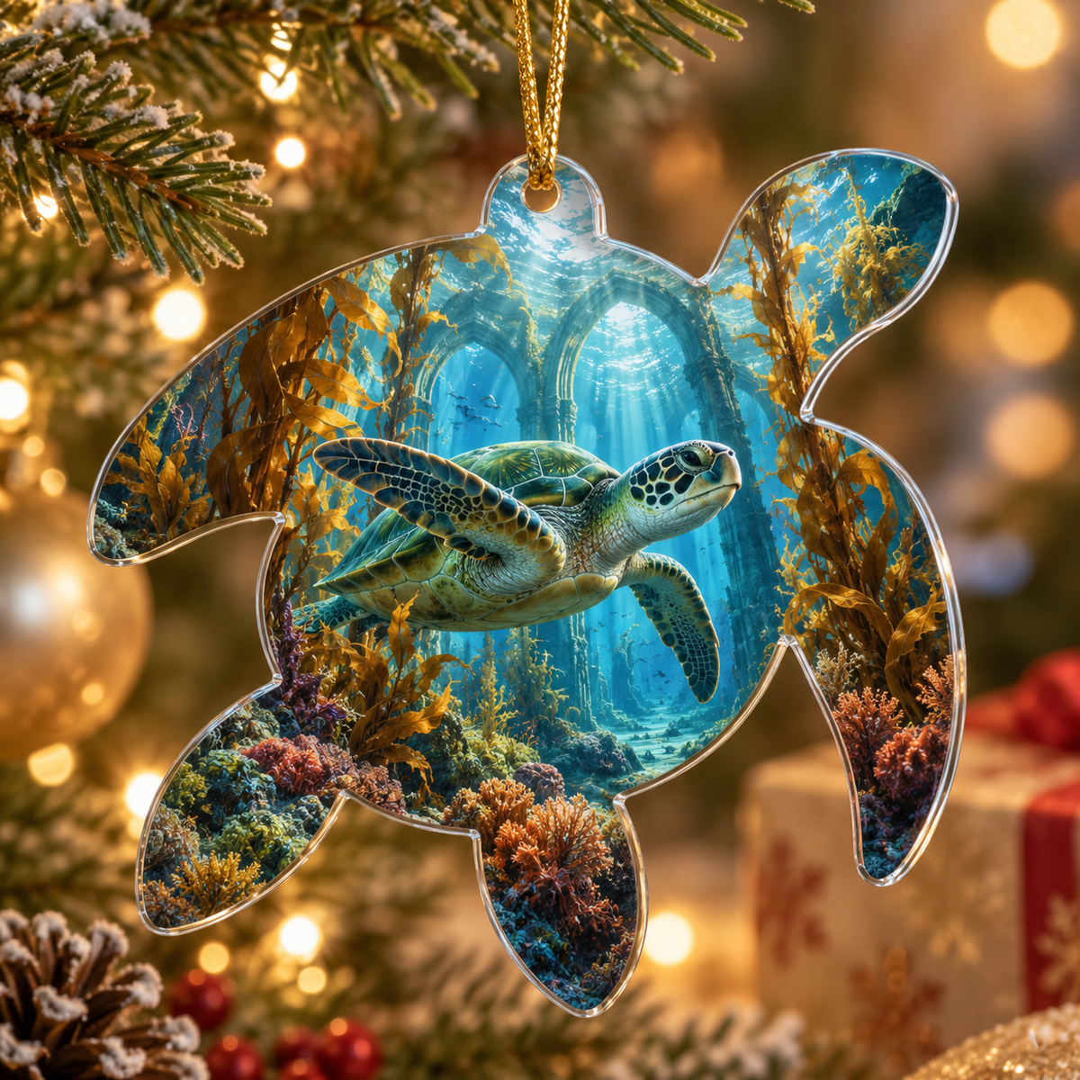 One christmas ornament with original Sea Turtle Glass Atrium optical-depth print.