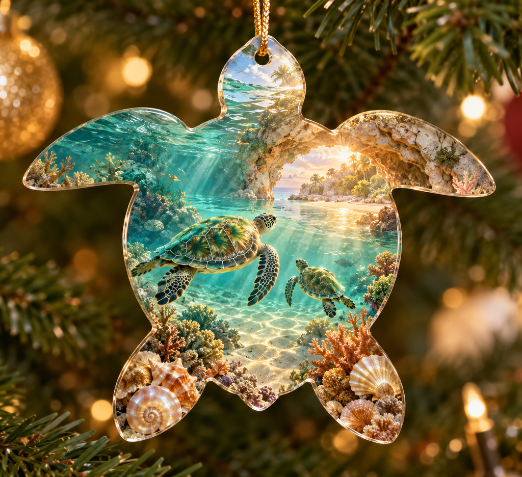 One christmas ornament with original Sea Turtle Pearl Threshold optical-depth print.