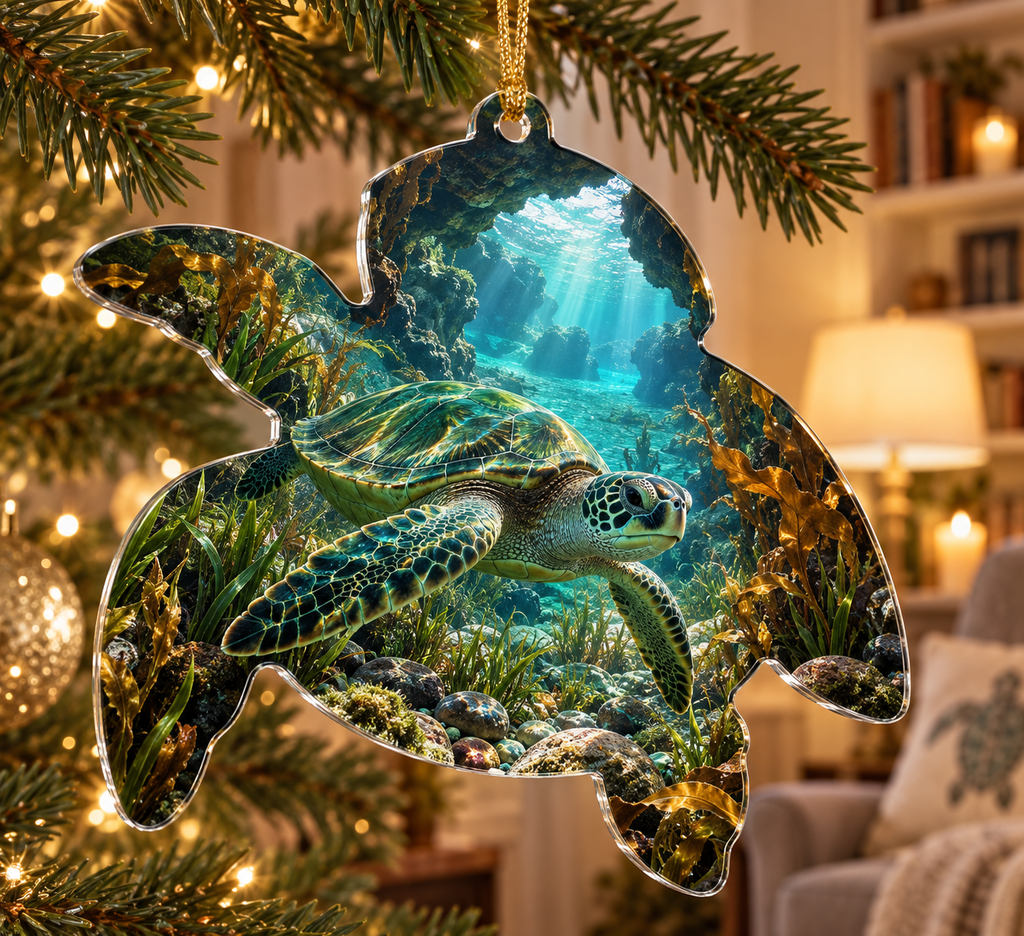 One christmas ornament with original Sea Turtle Willow Grotto optical-depth print.