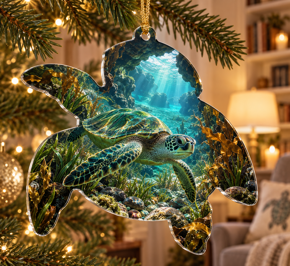 One christmas ornament with original Sea Turtle Willow Grotto optical-depth print.