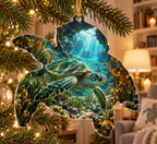 One christmas ornament with original Sea Turtle Willow Grotto optical-depth print.