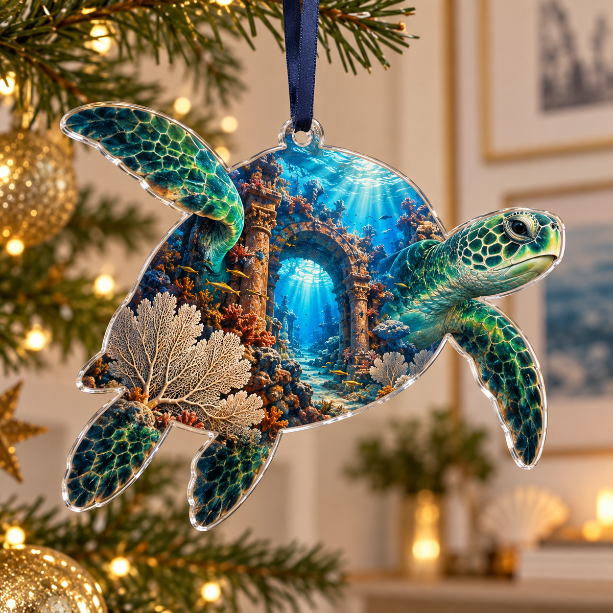 One christmas ornament with original Sea Turtle Terracotta Portal optical-depth print.