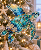 One christmas ornament with original Sea Turtle Atelier Mosaic optical-depth print.
