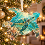 One christmas ornament with original Sea Turtle Sunlit Welcome optical-depth print.