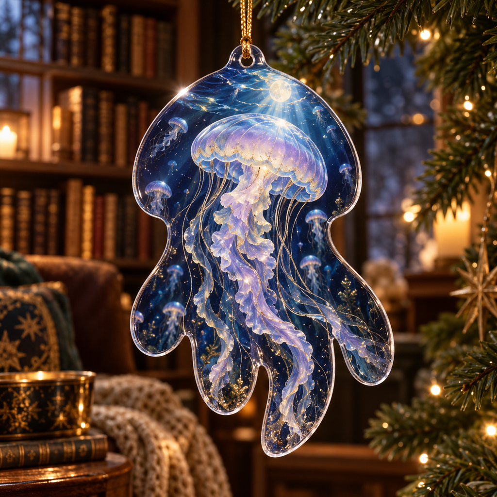 One christmas ornament with original Jellyfish Moonlit Library optical-depth print.