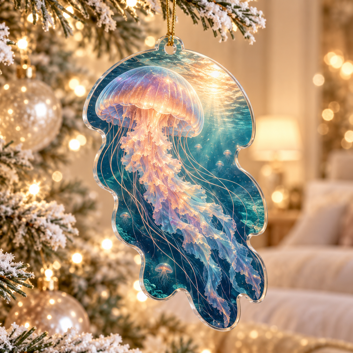 One christmas ornament with original Jellyfish Pearl Aurora optical-depth print.
