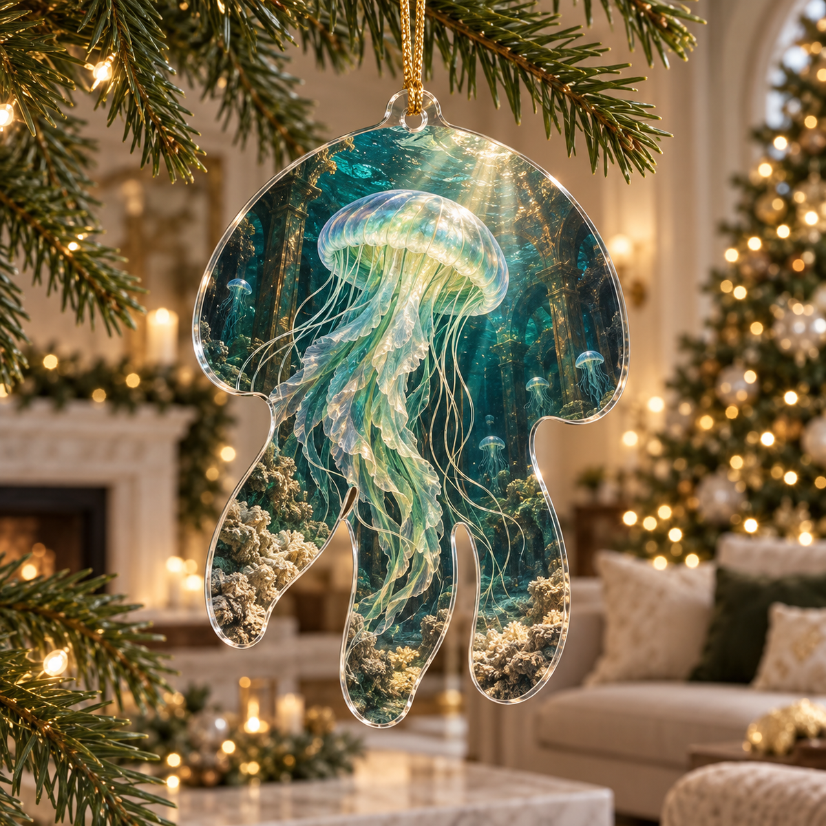 One christmas ornament with original Jellyfish Verdigris Atrium optical-depth print.