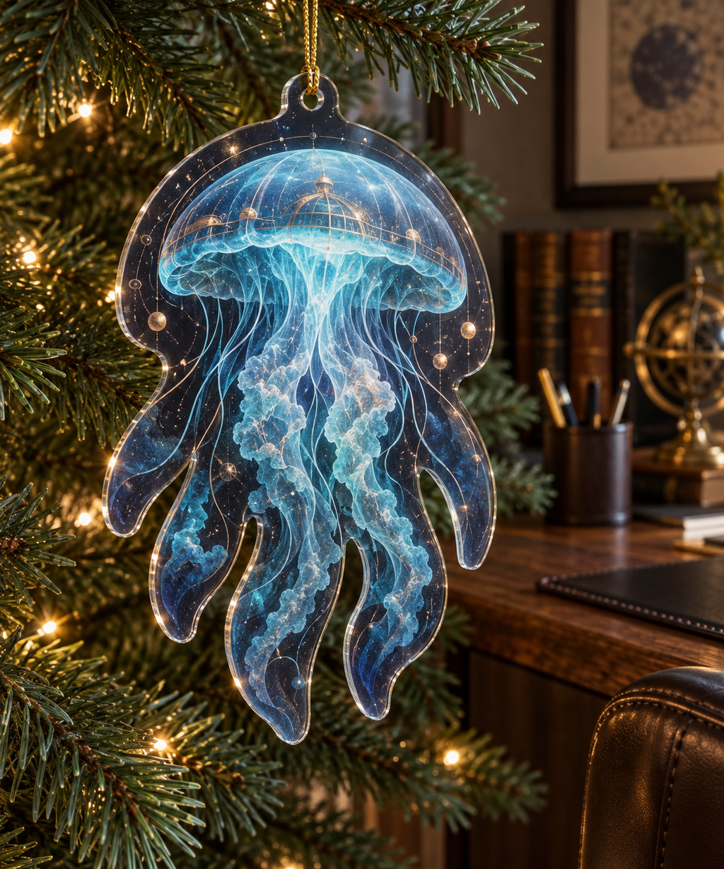 One christmas ornament with original Jellyfish Copper Observatory optical-depth print.