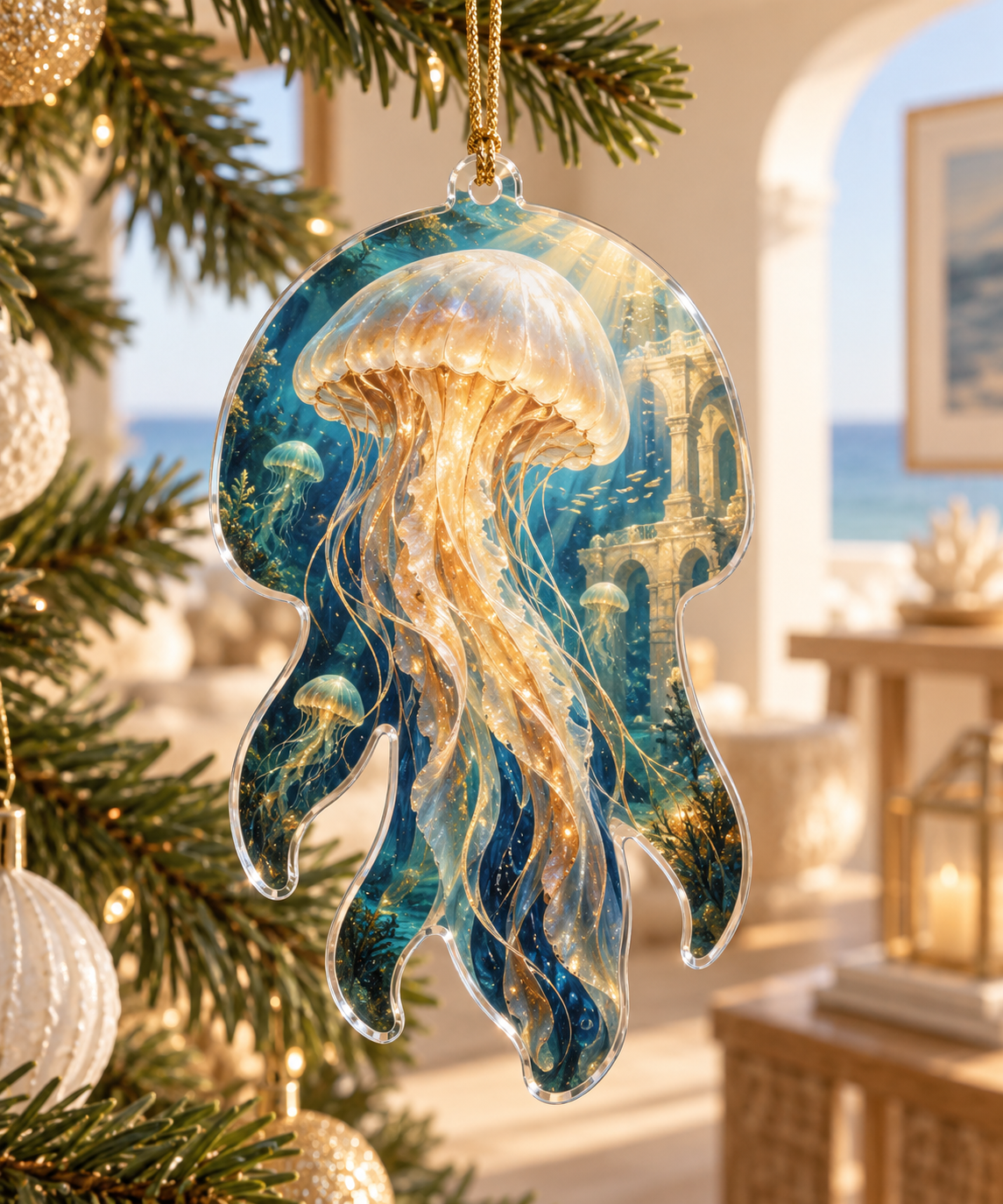 One christmas ornament with original Jellyfish Amber Tidehall optical-depth print.