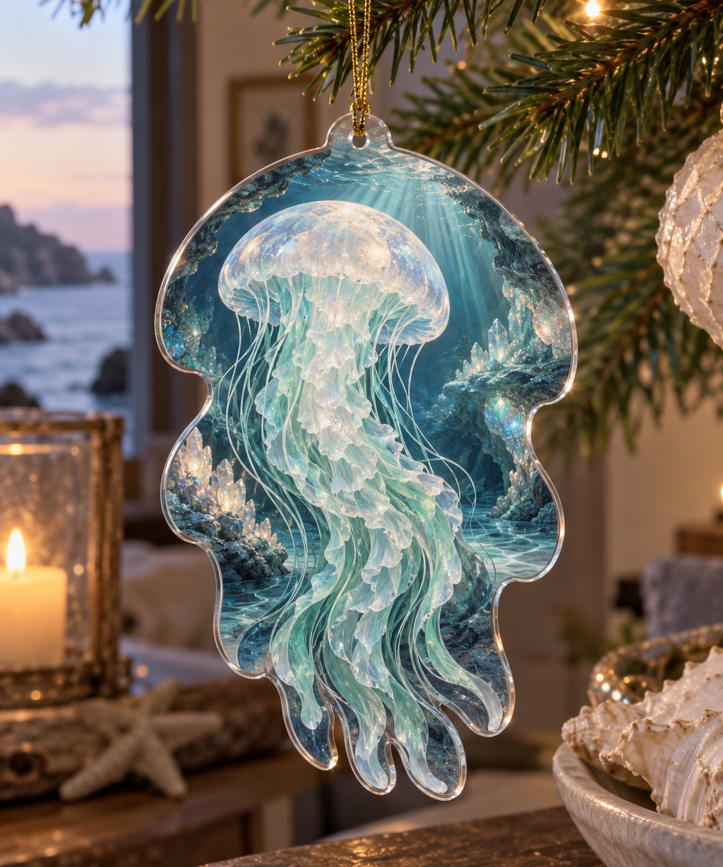 One christmas ornament with original Jellyfish Selenite Cove optical-depth print.