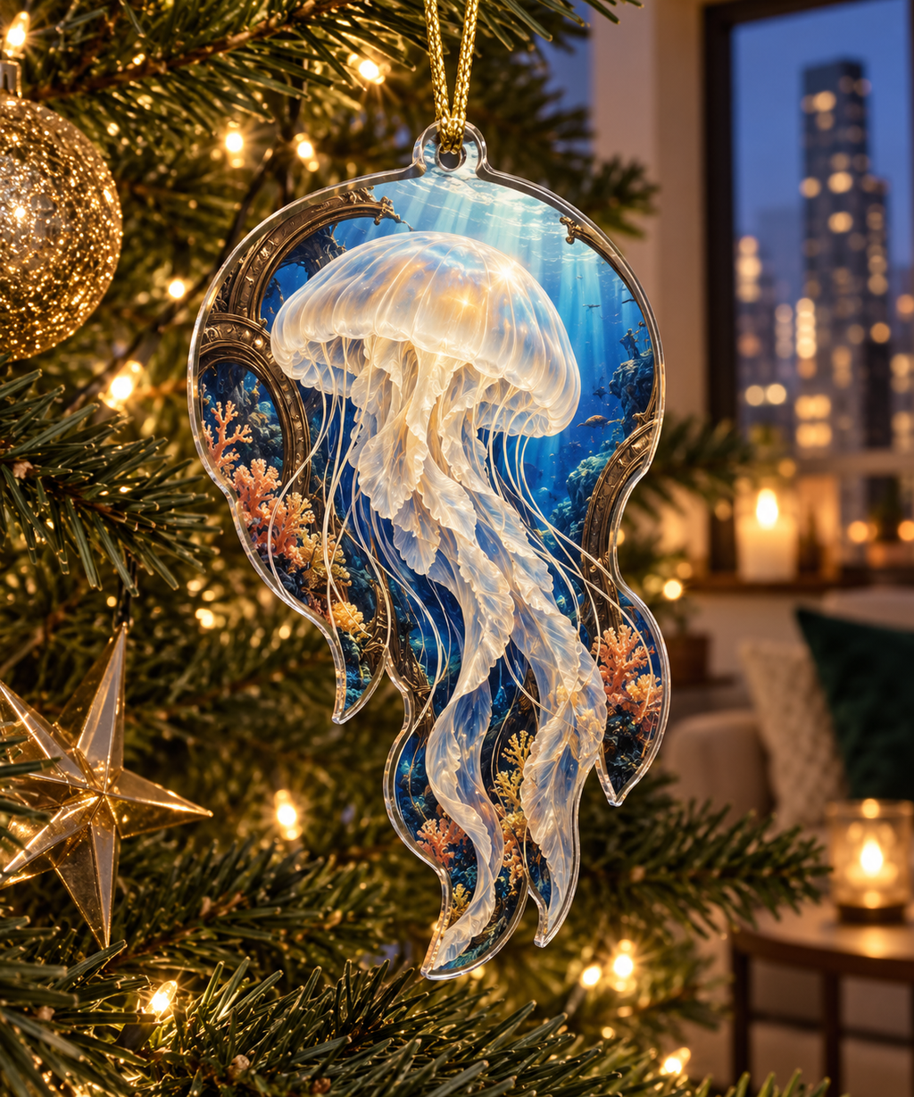 One christmas ornament with original Jellyfish Tidal Triptych optical-depth print.