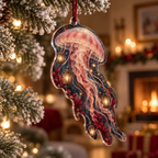 One christmas ornament with original Jellyfish Garnet Lantern optical-depth print.