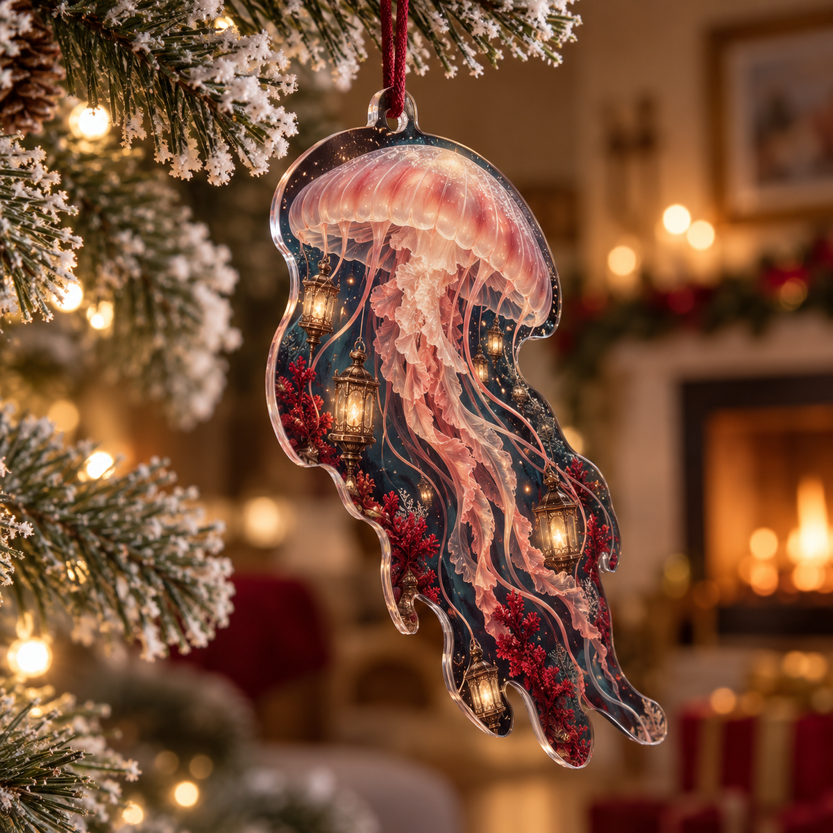 One christmas ornament with original Jellyfish Garnet Lantern optical-depth print.