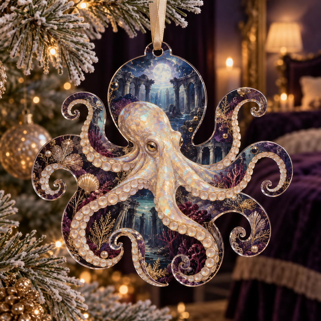 One christmas ornament with original Octopus Opal Nocturne optical-depth print.