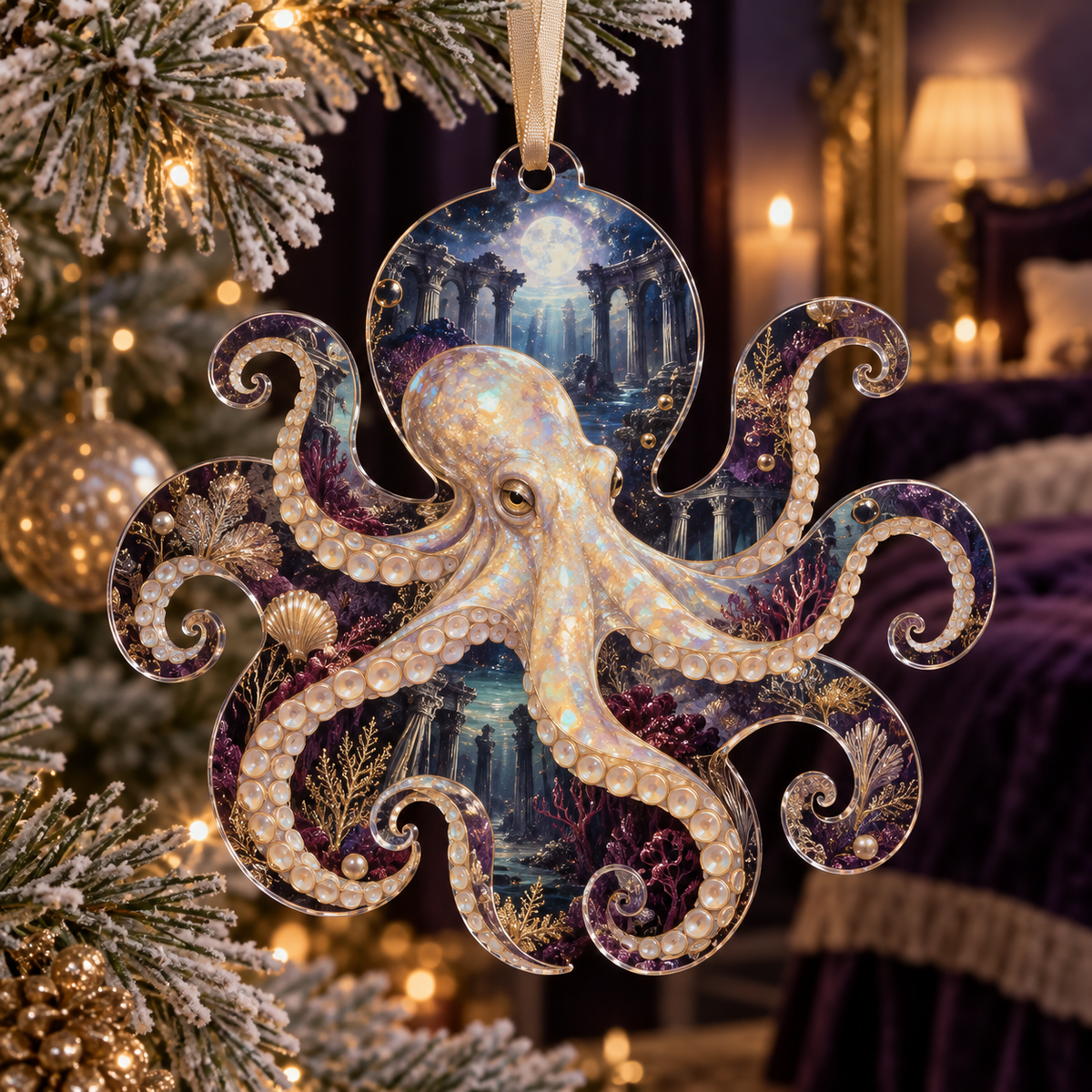 One christmas ornament with original Octopus Opal Nocturne optical-depth print.