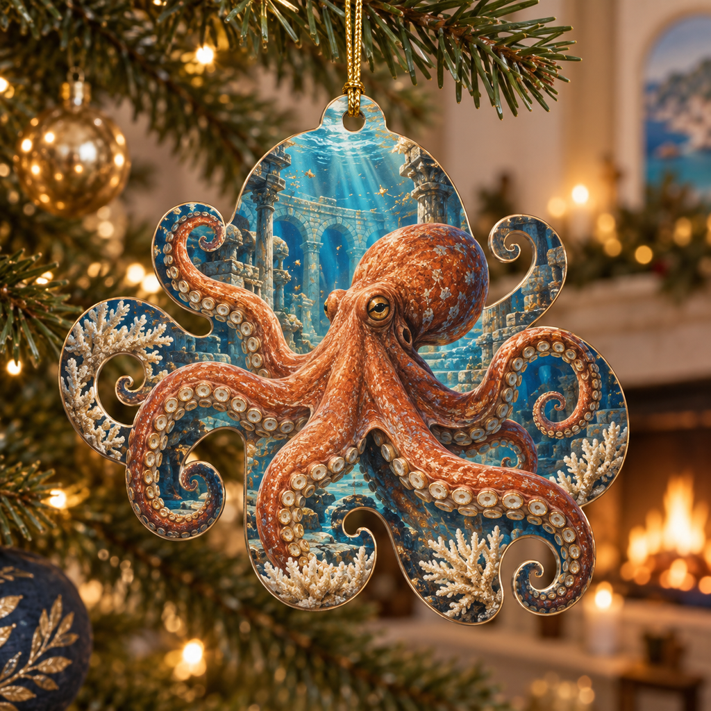 One christmas ornament with original Octopus Terracotta Atrium optical-depth print.