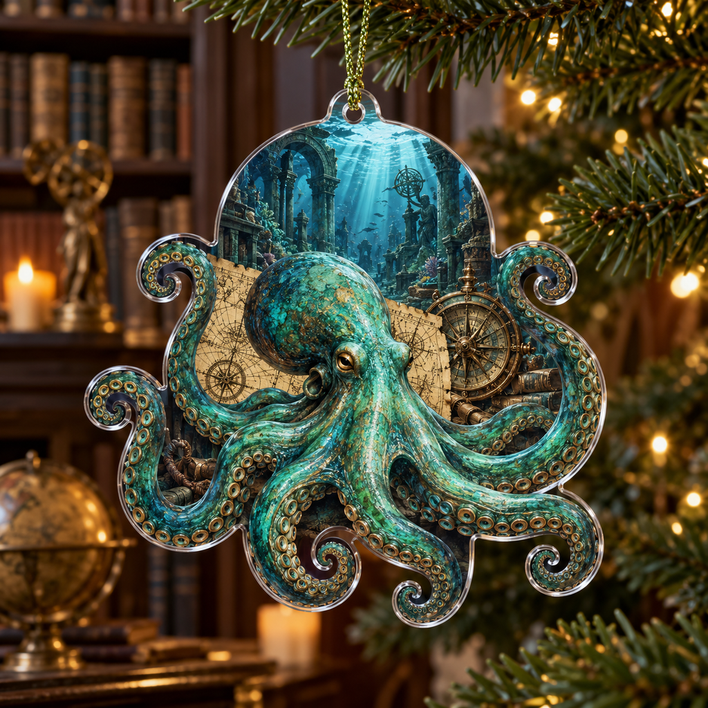 One christmas ornament with original Octopus Verdigris Atlas optical-depth print.