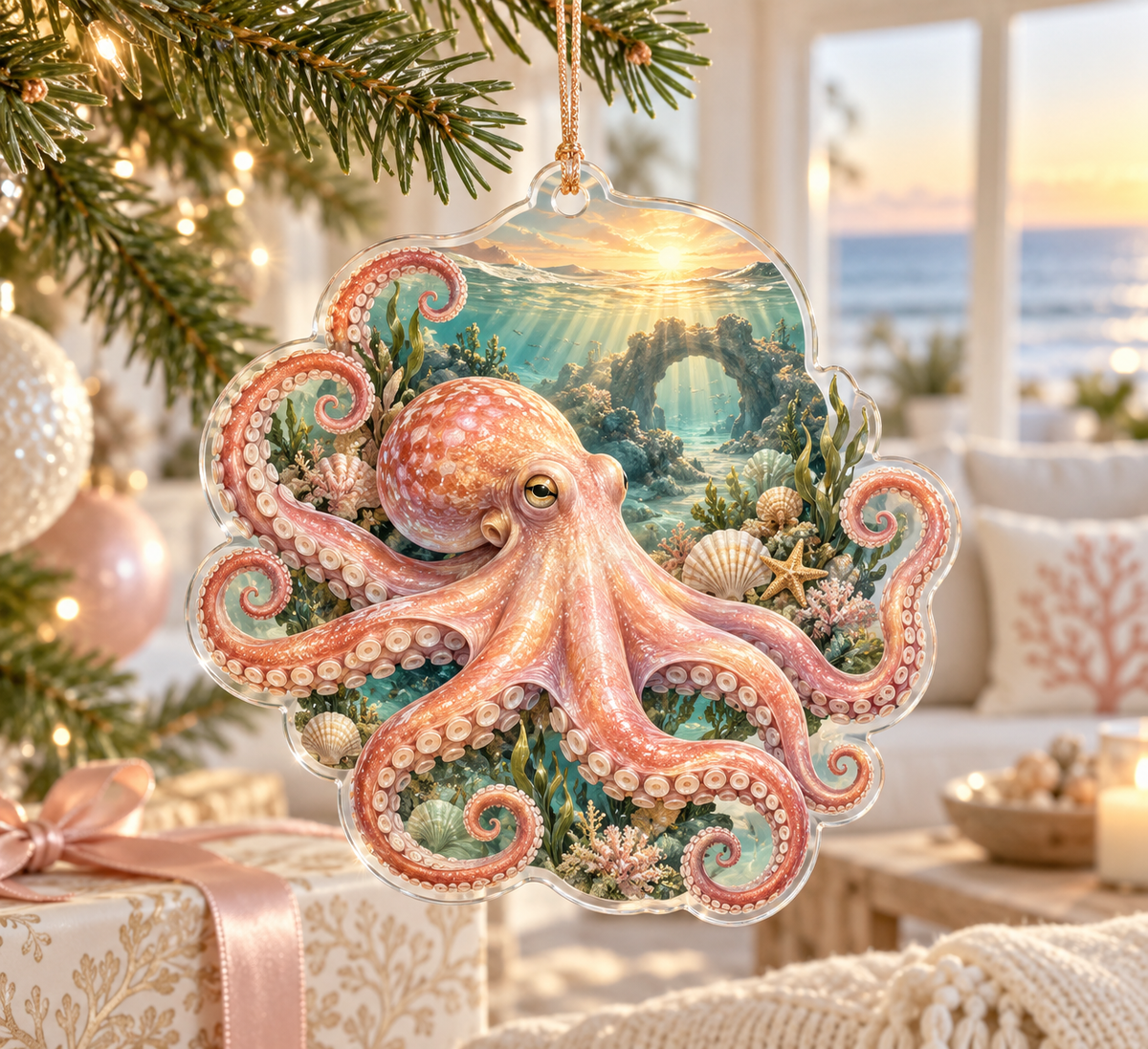 One christmas ornament with original Octopus Sunrise Haven optical-depth print.