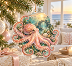 One christmas ornament with original Octopus Sunrise Haven optical-depth print.