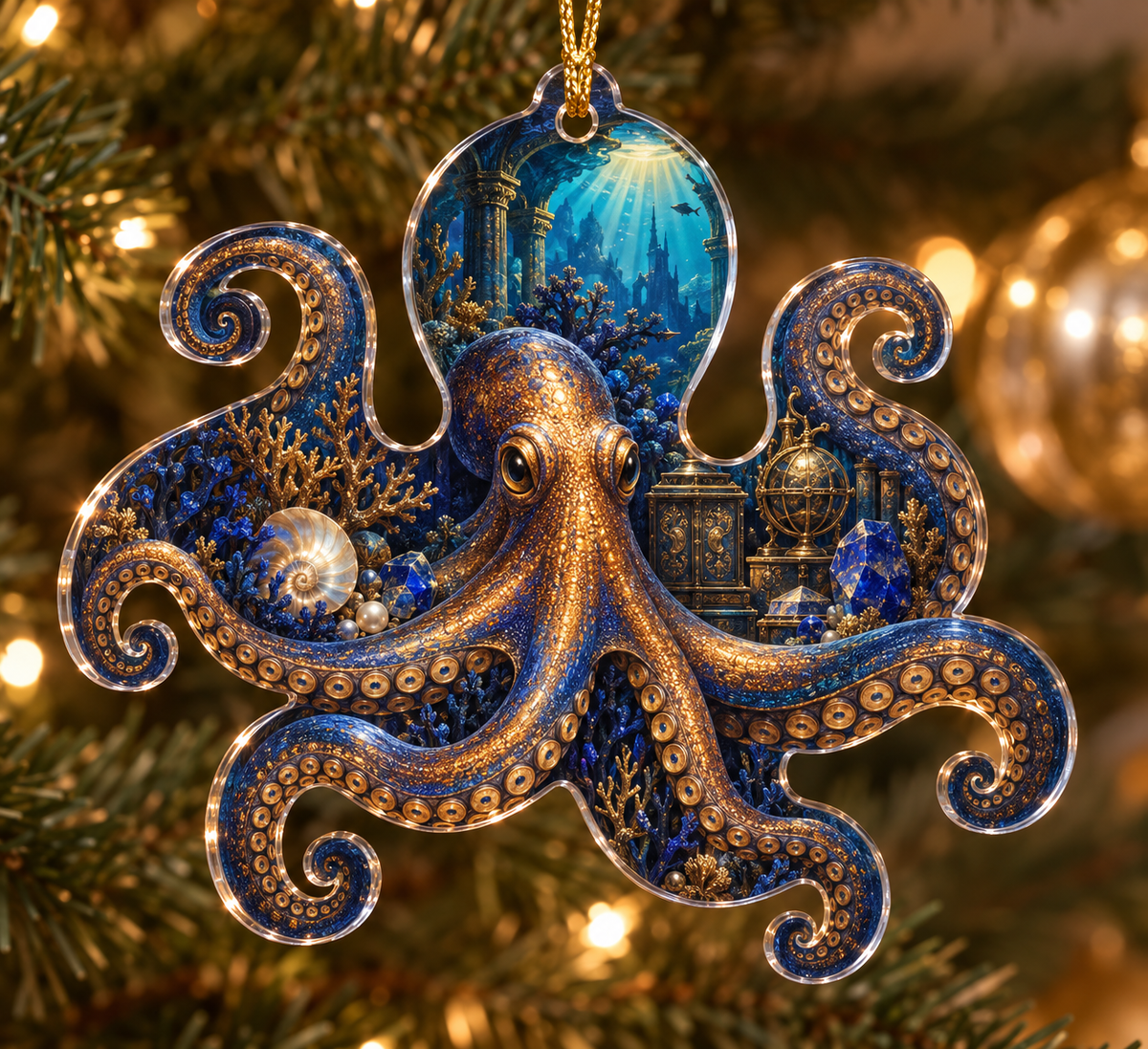 One christmas ornament with original Octopus Midnight Cabinet optical-depth print.