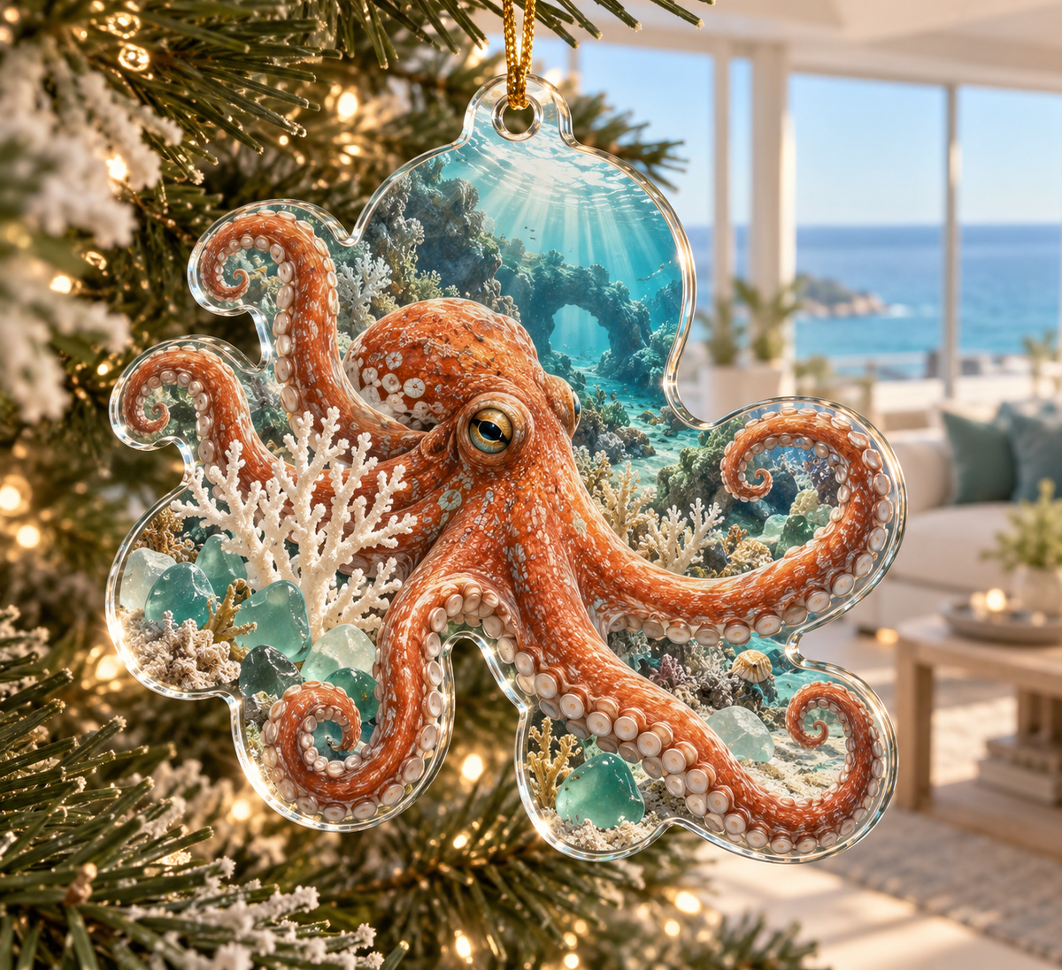 One christmas ornament with original Octopus Sea-Glass Gallery optical-depth print.
