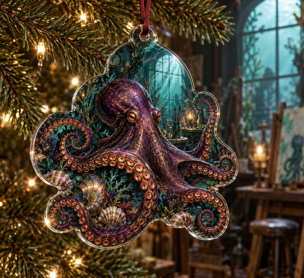 One christmas ornament with original Octopus Verdigris Atelier optical-depth print.