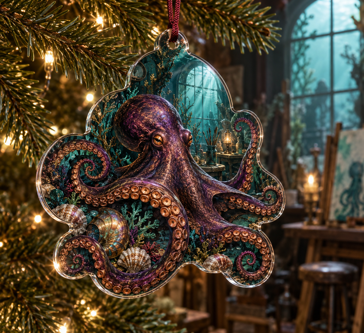One christmas ornament with original Octopus Verdigris Atelier optical-depth print.