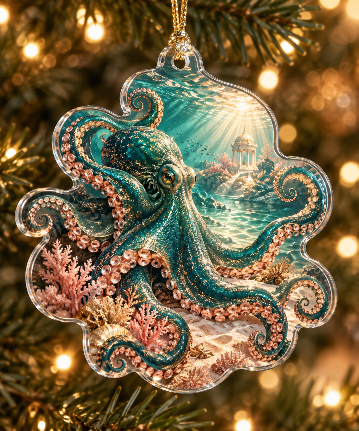 One christmas ornament with original Octopus Golden Lagoon optical-depth print.