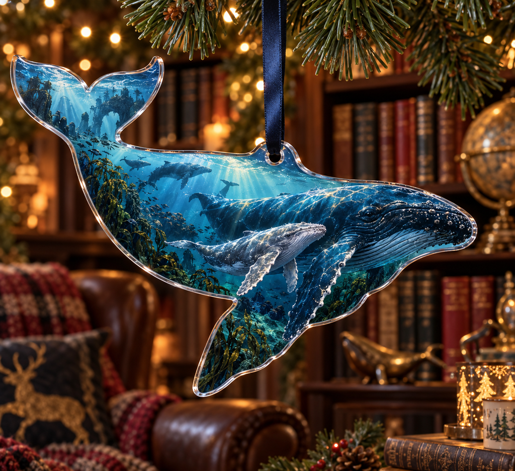 One christmas ornament with original Whale Migration Midnight Library optical-depth print.