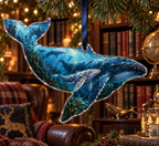 One christmas ornament with original Whale Migration Midnight Library optical-depth print.