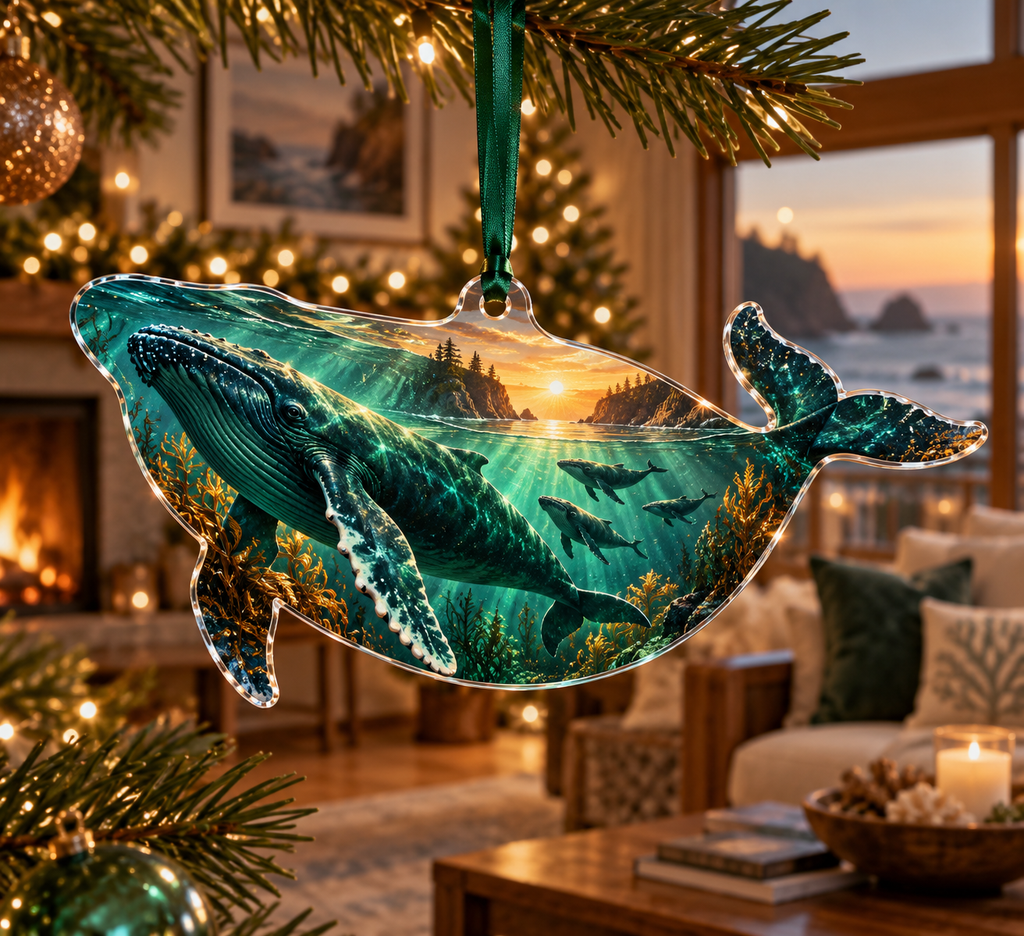 One christmas ornament with original Whale Migration Emerald Horizon optical-depth print.