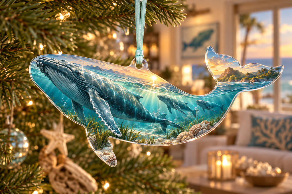 One christmas ornament with original Whale Migration Welcome Cove optical-depth print.