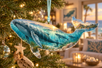 One christmas ornament with original Whale Migration Welcome Cove optical-depth print.