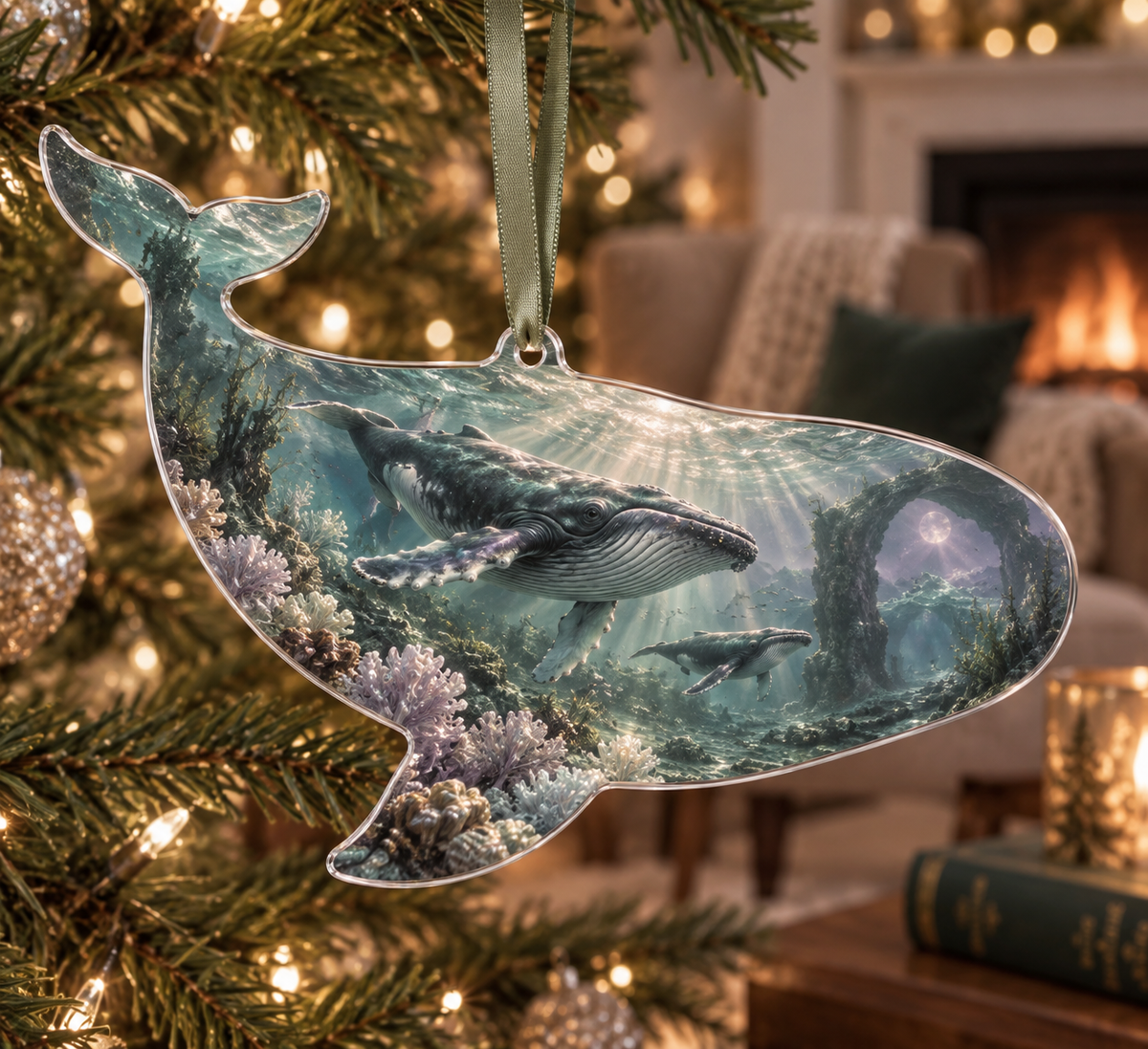 One christmas ornament with original Whale Migration Moonlit Sanctuary optical-depth print.