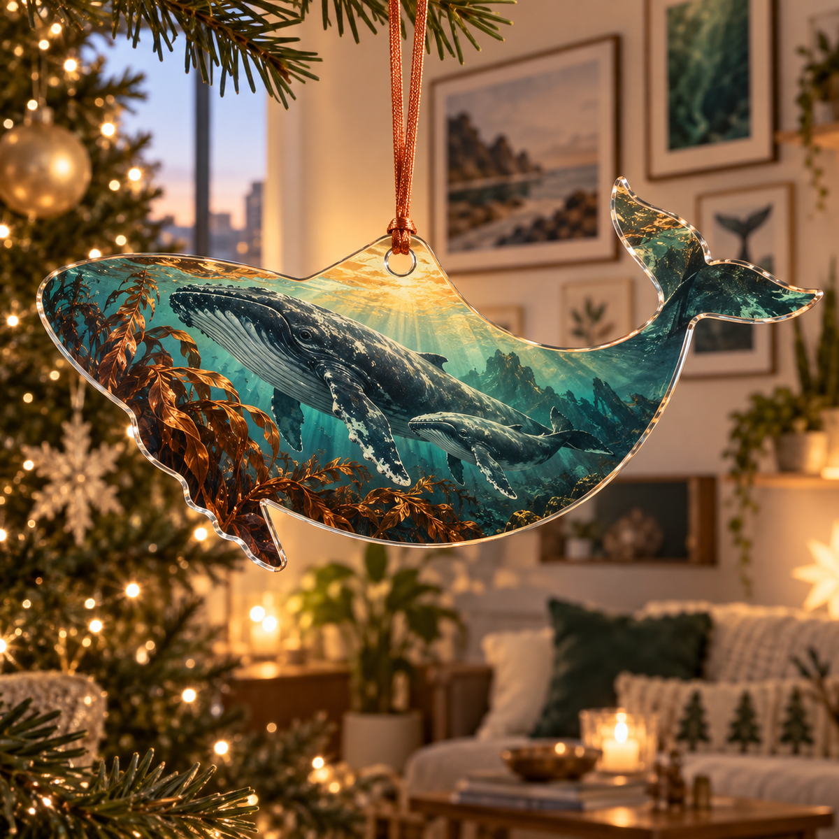 One christmas ornament with original Whale Migration Copper Current Gallery optical-depth print.