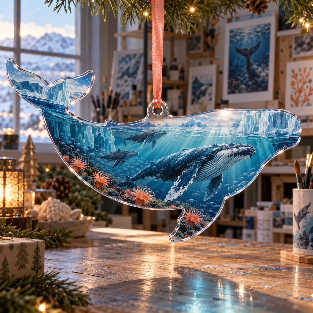 One christmas ornament with original Whale Migration Polar Atelier optical-depth print.