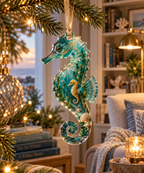 One christmas ornament with original Seahorse Seagrass Lantern Nook optical-depth print.