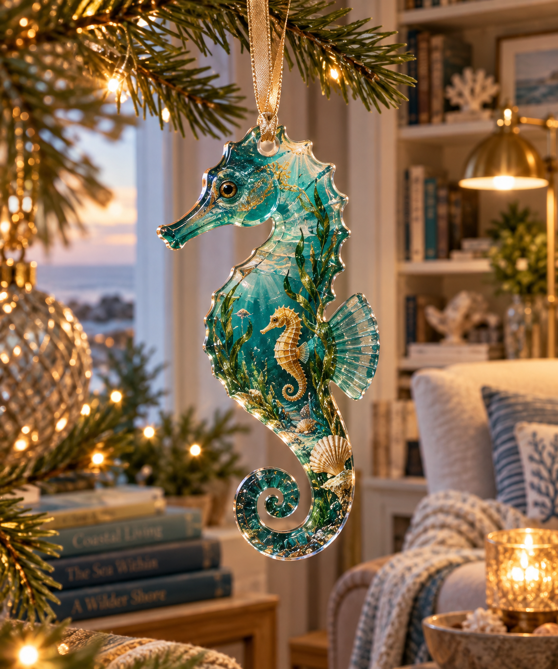One christmas ornament with original Seahorse Seagrass Lantern Nook optical-depth print.