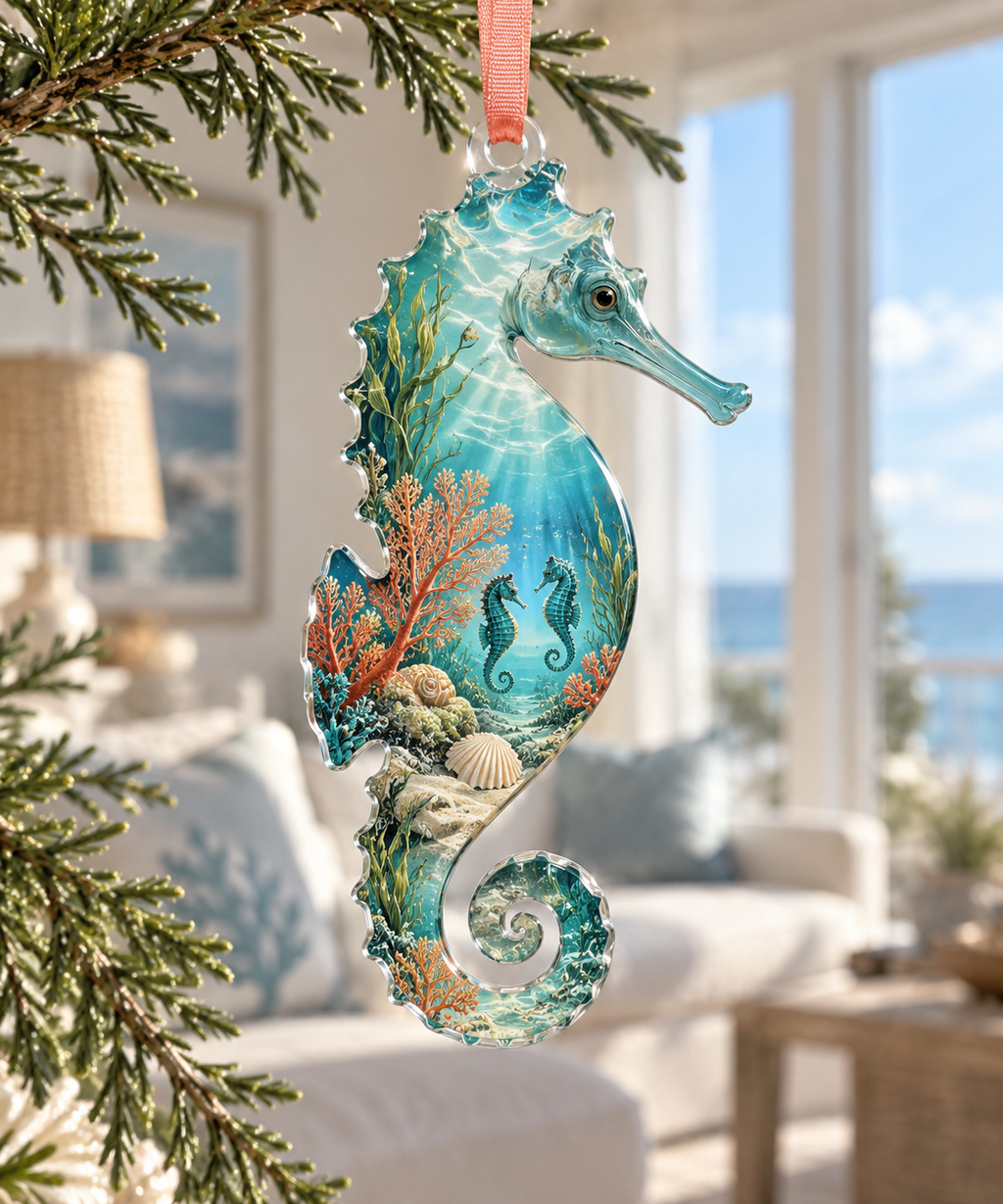 One christmas ornament with original Seahorse Sunlit Reef Salon optical-depth print.