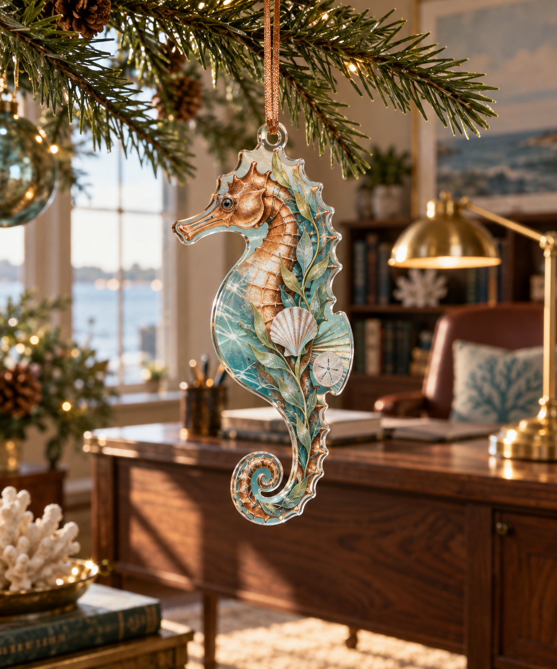 One christmas ornament with original Seahorse Opal Tidal Archive optical-depth print.