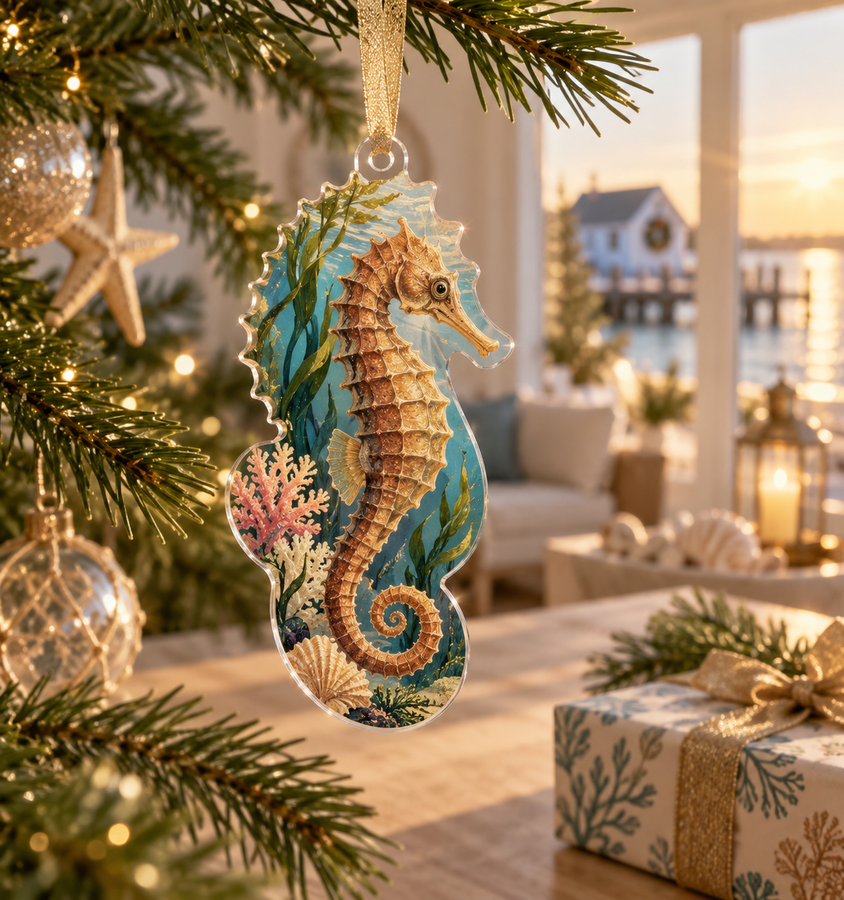 One christmas ornament with original Seahorse Amber Harbor Welcome optical-depth print.
