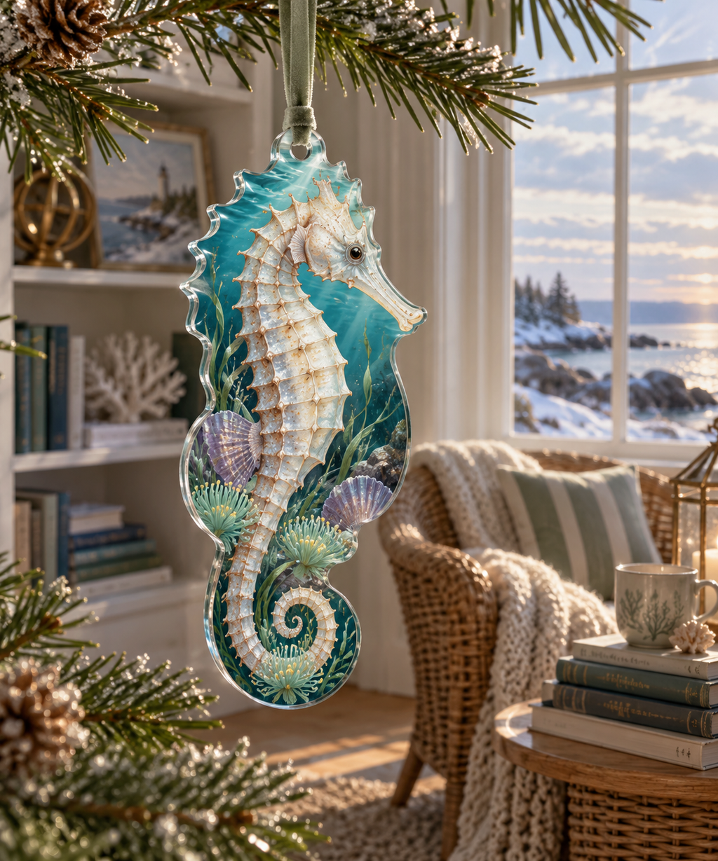 One christmas ornament with original Seahorse Pearl Cove Reverie optical-depth print.
