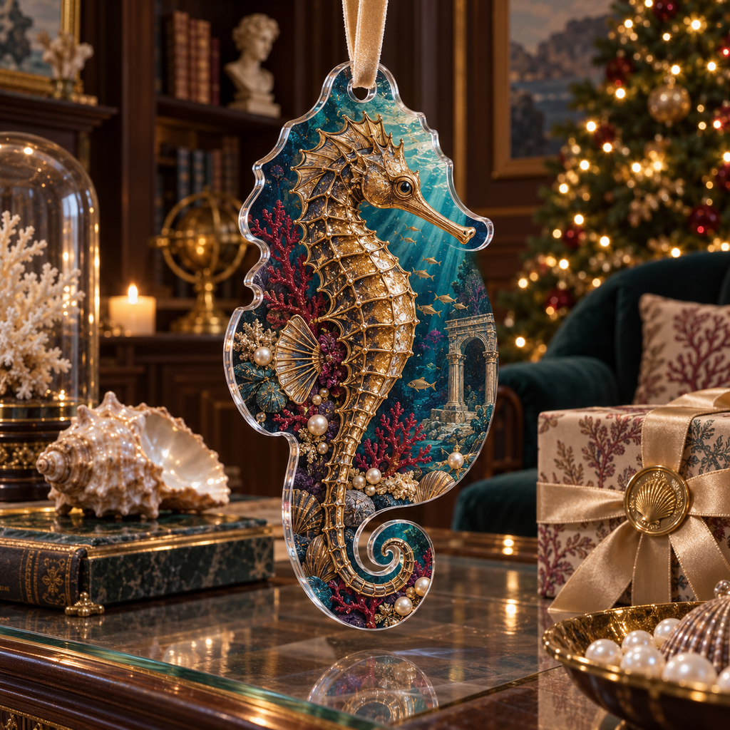 One christmas ornament with original Seahorse Gilded Abyss Cabinet optical-depth print.