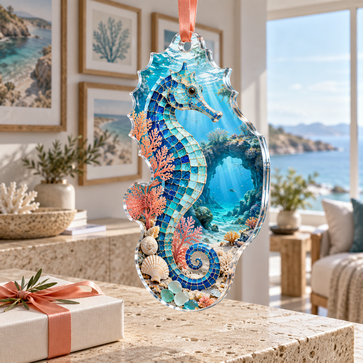 One christmas ornament with original Seahorse Sea Glass Gallery optical-depth print.