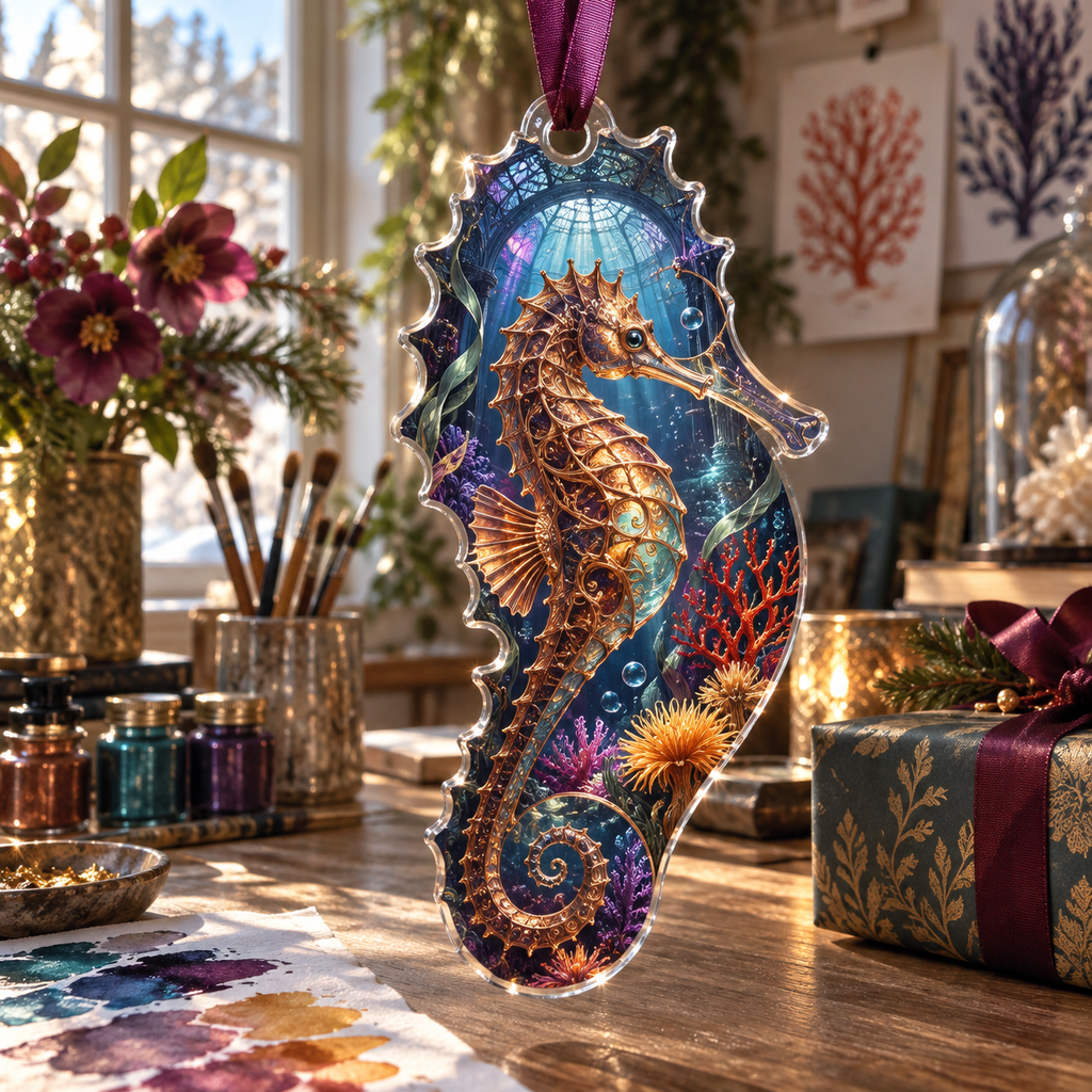 One christmas ornament with original Seahorse Copper Current Atelier optical-depth print.